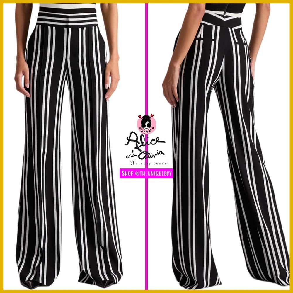 Alice + Olivia Dylan Black Off White Striped Wide Leg Pants